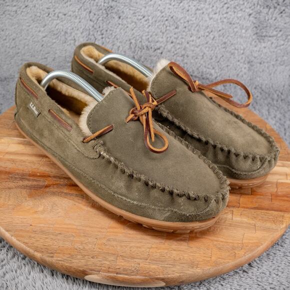 LL Bean Moccasin Slippers Mens Size 11 M Olive Green Suede Wicked Good Shearling - Picture 1 of 9